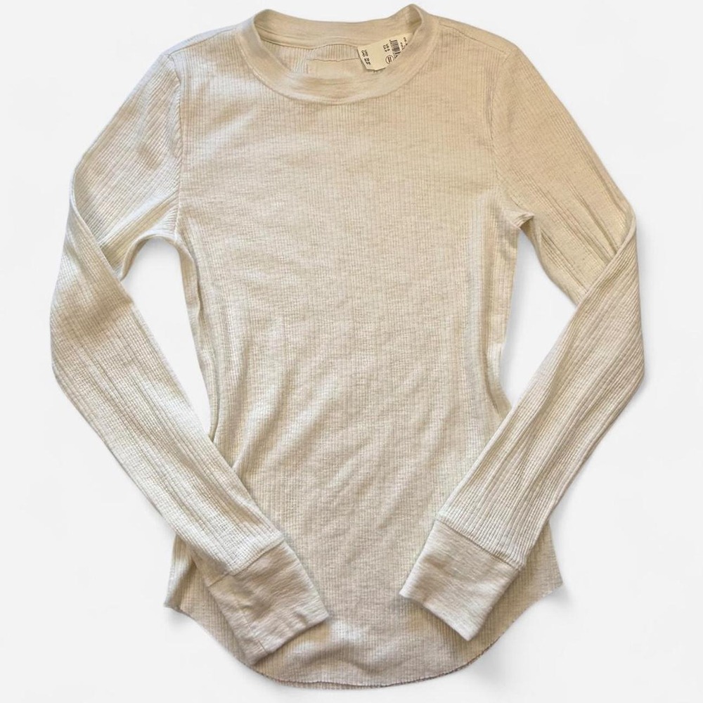 Aerie Ribbed Long Sleeve Thermal Top Cream Off White Waffle Knit Small NWT